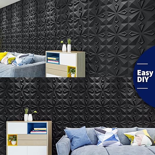 Art3dwallpanels 33 Pack 3D Wall Panel for Interior Wall Décor, PVC Textured 3D Wallpaper for Living Room Lobby Bedroom Hotel Office, Black