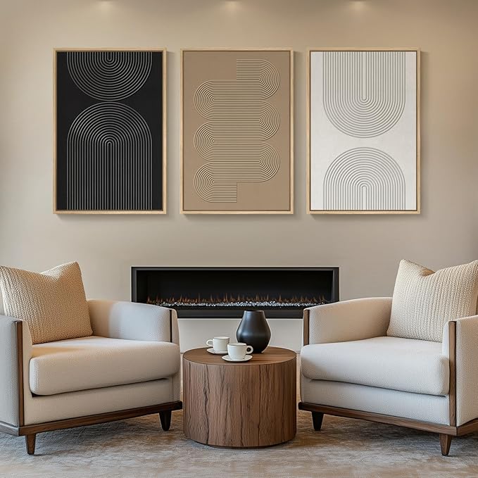 Large 3D Textured Framed Boho Neutral Abstract Wall Art, Set of 3 Modern Paintings Artwork for Walls, Black White Brown Minimalist Geometric Pictures for Living Room, Entryway, Dining Room Wall Decor