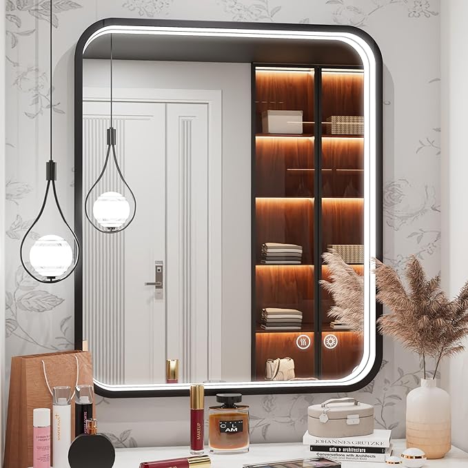 30x36 Inch Black LED Mirror for Bathroom with Lights, Framed Lighted Bathroom Vanity Mirrors, Wall Mounted, Stepless Dimmable, Anti-Fog, Memory Funtion, Horizontal or Vertical