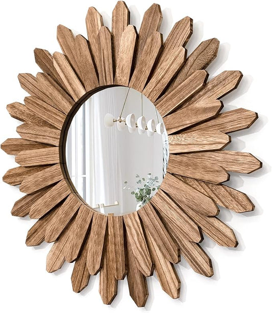 Honiway Mirror Wall Decor 21 inch Rustic Wood Boho Aesthetic Mirror for Room & Home Decor Farmhouse Wall Decor at Living Room Bedroom Carbonized Black