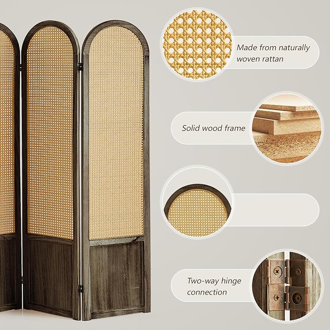4 Panel Rattan Room Divier, Room Divider Panel and Folding Privacy Screens, Room Divider Wall, Solid Wood Frame, Partition Room Dividers, Bedroom, Dining Room, Lounge, Dark Brown