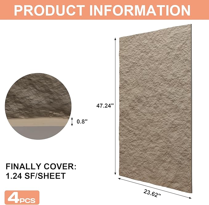 KASARO PU 3D Faux Stone Wall Panels, 4 PCS Wainscoting Panel for Interior Wall Decor, Cement Texture Accent for Home, Office, 47.2×23.6inch, Stone Yellow