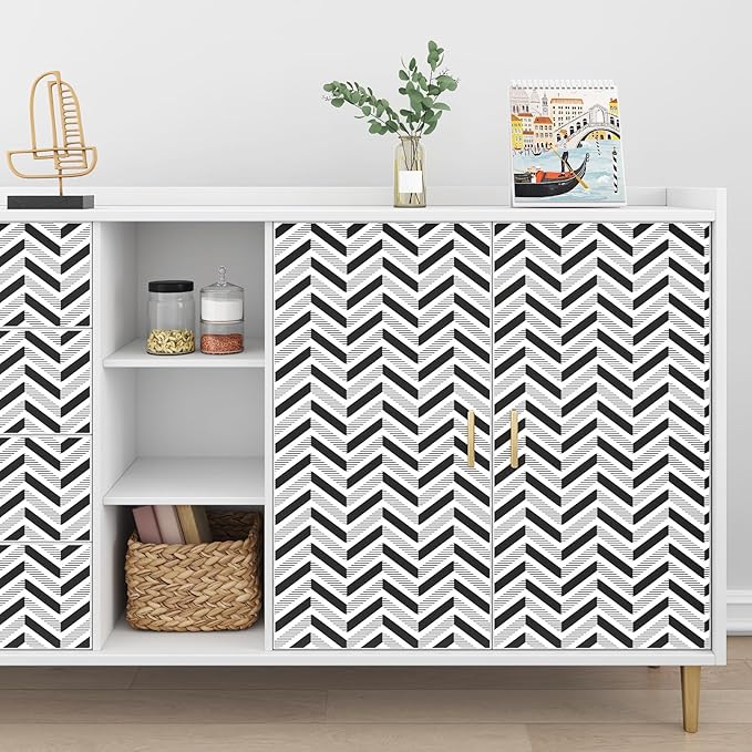 Black and White Peel and Stick Wallpaper Herringbone Geometric Wallpaper Modern Boho Geometric Contact Paper Self Adhesive for Bedroom Living Room Accent Wall Cabinets Drawers 17.5" x120"
