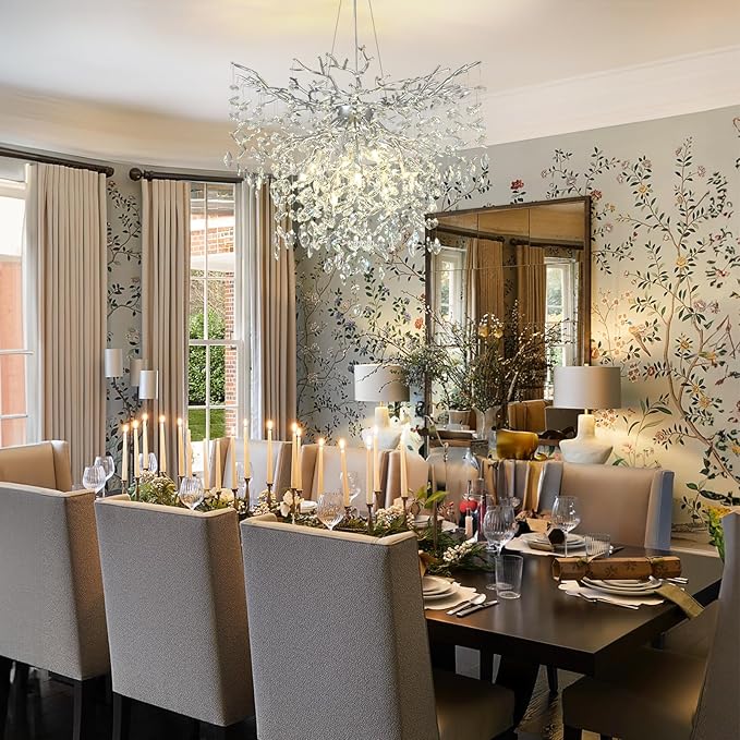 32 inch Crystal Chandelier for Dining Room, Round Silver Tree Branches Chandeliers, Top K9 Crystal Chandelier, Modern Chandeliers for Kitchen,Foyer Entryway,Luxury Adjustable Hanging Chandeliers