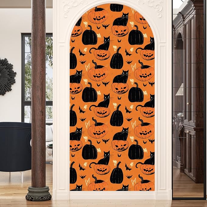 Cat Peel and Stick Wallpaper Boho Pumpkin Contact Paper Orange Floral Removable Self Adhesive Waterproof Wall Paper for Cabinet Drawers Wall Decor Renter Friendly 17.5''x118''