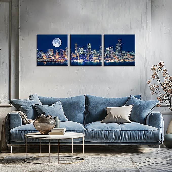 NAN Wind Panoramic Seattle Skyline Night Canvas Art Full Moon Over City Wall Decor 3 Panel Modern Urban Cityscape Print Blue Harbor Illuminated Skyscrapers Living Room Office Bedroom Home Decoration