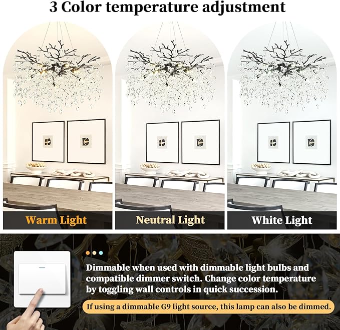 Modern Tree Branch Black Crystal Chandelier，Contemporary 10-Light Pendant Lighting with K9 Clear Crystal 31.5" Luxury Farmhouse Chandeliers for Church Living Room Kitchen Bedroom