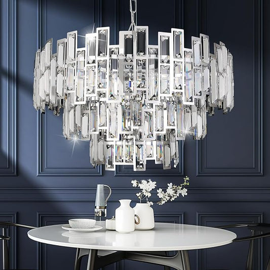 Chrome Crystal Chandelier Lighting 24.5'' for Dining Rooms Bedroom Foyer Entryway Ceiling Hanging Pendant Chandelier Light Fixture Lamp