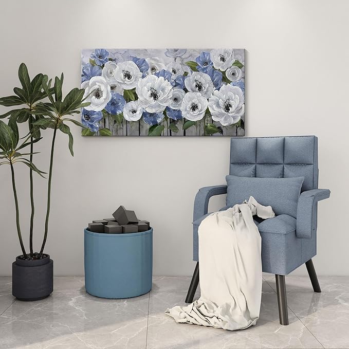 Mofutinpo Floral Wall Art for Living Room-Large Blue and White Flower Paintings, Textured Nature Artwork Pictures on Canvas, Landscape and Flower Wall Art for Bedroom Decor
