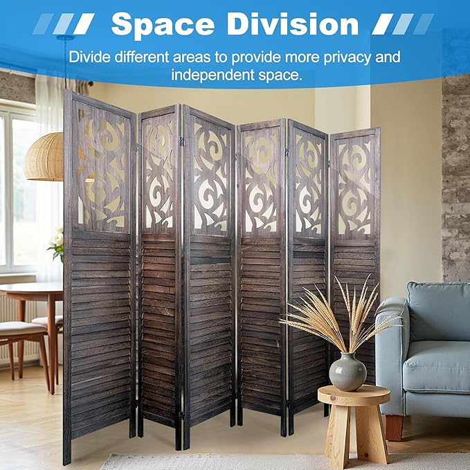 6 Panel Room Divider 5.6FT Wood Carved Room Dividers, Folding Privacy Screens Portable Freestanding Partition Wall Dividers for Bedroom, Office, Rustic Brown