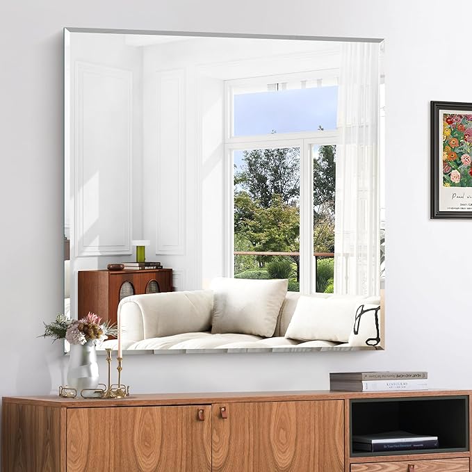 KOCUUY Beveled Mirror, 36x36 Inch Large Frameless Square Bathroom Mirror for Over Sink, Upgraded Shatterproof Beveled Unframed Design Mirror for Bathroom, Bedroom, Hang Horizontal/Vertical