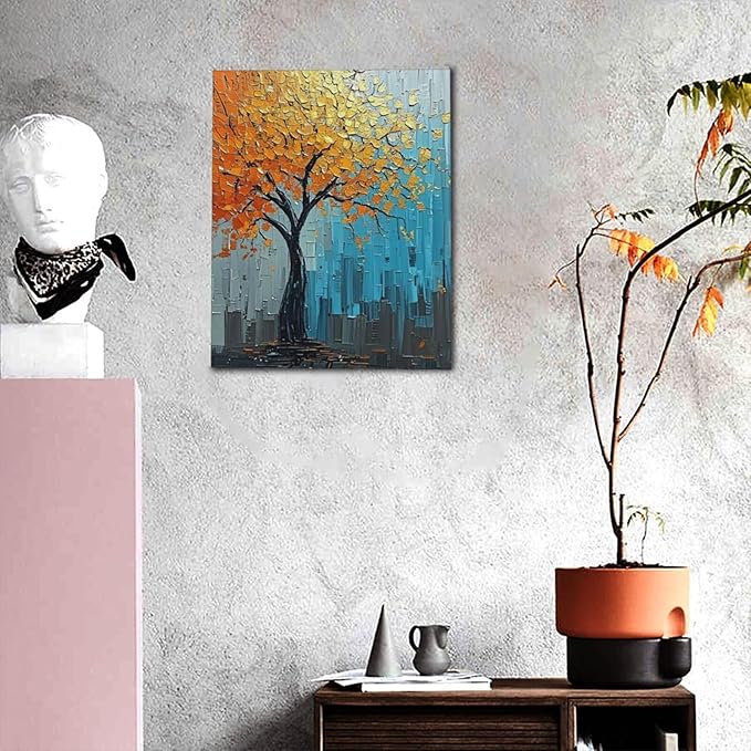 Abstract Wall Art Gold Tree Framed Modern Artwork Canvas Painting Textured Tree of Life Pictures Home Decor For Living Room Bedroom Bathroom Office 16"X20"