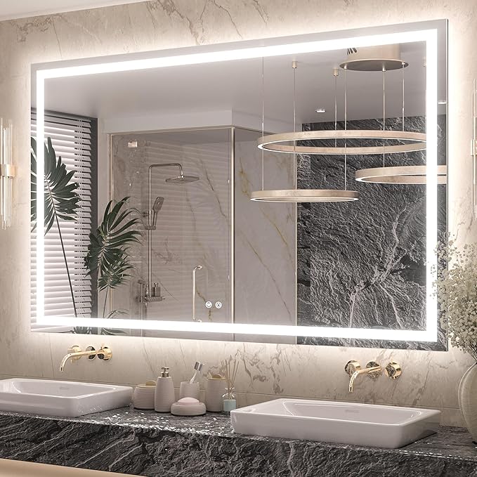Keonjinn 60" x 40" Lighted Mirror for Bathroom Wall, LED Mirror with Frontlit & Backlit, Large Bathroom Mirror with Lights, Dimmable 3-Color Lights, HD Tempered Glass, UL-Listed LED Driver