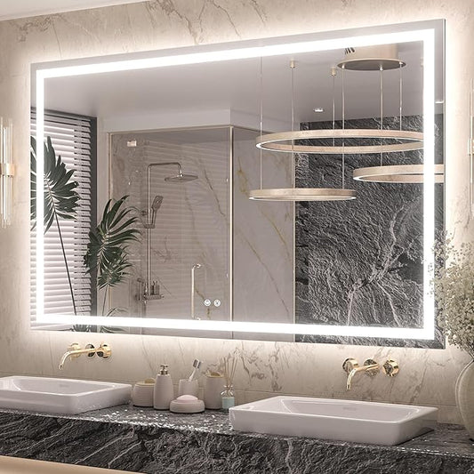 Keonjinn 60" x 40" Lighted Mirror for Bathroom Wall, LED Mirror with Frontlit & Backlit, Large Bathroom Mirror with Lights, Dimmable 3-Color Lights, HD Tempered Glass, UL-Listed LED Driver