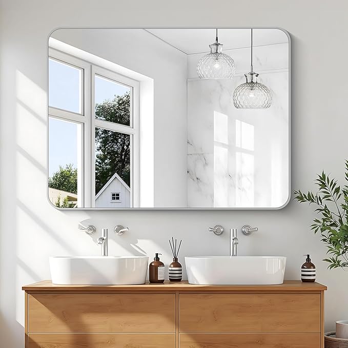 KOCUUY Silver Bathroom Mirror, 48x36 Inch Large Bathroom Mirror for Over Sink, HD Tempered Glass, Anti-Rust Brushed Silver Frame, Rounded Corner Modern Design for Bathroom, Hang Horizontal/Vertical