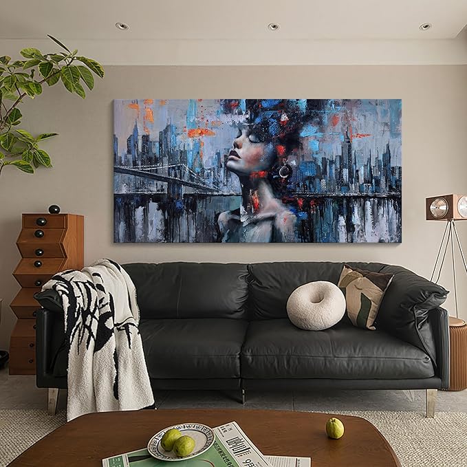 Navy Blue Abstract Wall Art Woman Picture for Living Room Modern Home Bedroom Decoration New York City Framed Cityscape Artwork Decor 29x58IN