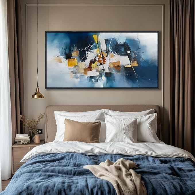 Abstract Canvas Wall Art Navy Blue Wall Art for Living Room Framed Modern Artwork for Walls, Above Bed Wall Decor Navy and Gold for Bedroom and Living Room Office Pictures Wall Decor 29×58IN