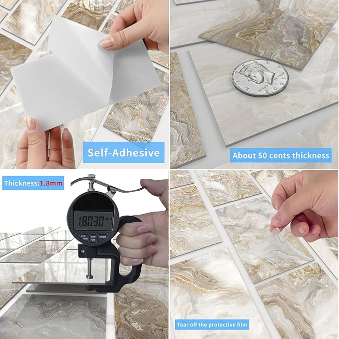64-Pack Peel and Stick Backsplash Marble Wall Tiles, Waterproof 4" x 8" Glossy Imitation Amber Glow Marble, PVC Shower Wall Panels for Interior Wall Decor; Tile for Kitchen, Bathroom, and Fireplace