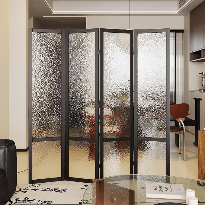 Acrylic Room Divider,4-Panel Freestanding Partition Screen, Frosted Translucent Privacy Panel - Lightweight Modern Divider for Home Office Studio (Black, 4 Panels)
