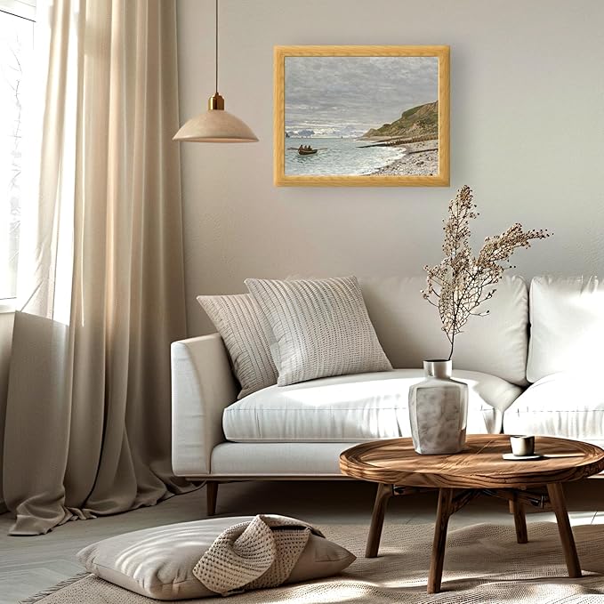 Brivoria Framed Canvas Wall Art Vintage Decor, Coastal Landscape with Cliff Rowboat Pebble Shore and Distant Horizon Beneath Cloudy Sky for Living Room Statement Wall or Gallery Display, 16"x20"