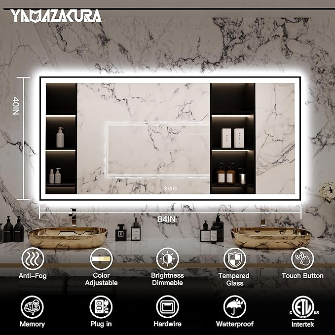 84x40 Large Light Bathroom Mirror - Backlit and Front Lighted LED Wall-Mounted Vanity Mirror Modern Rectangle Black Mirror, Dimmable, Anti-Fog, Memory, Shatterproof, ETL Listed (Horizontal/Vertical)