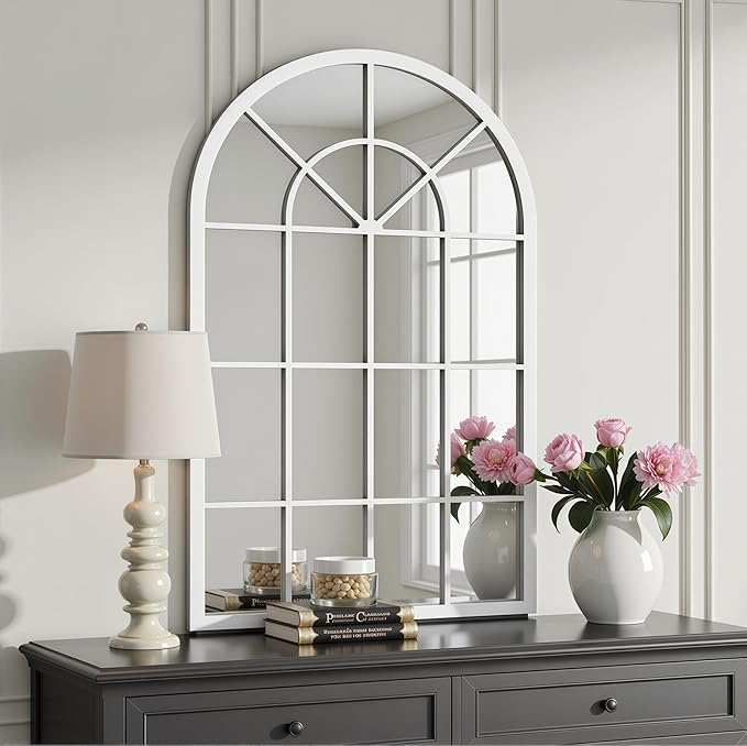Arch Wall Mirror Mounted Decorative, 31"x42", Arched Window Pane Mirror for Wall-Mounted for Entryway, Bathroom Vanity, Living Room or Bedroom, Iron Frame, White