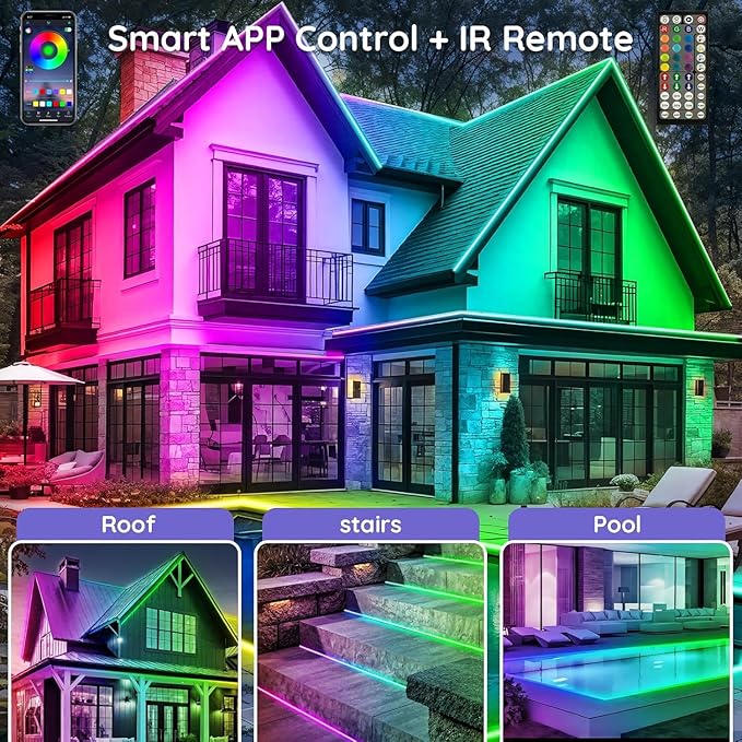 100ft Outdoor LED Strip Lights Waterproof,IP68 Outside Led Light Strips Waterproof with App and Remote,Music Sync RGB Exterior Led Rope Lights with Self Adhesive Back for Roof,Deck
