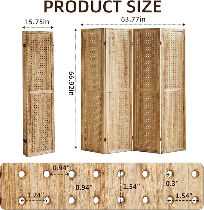 4 Panel Pegboard Display with 16 Hooks, Wooden Room Divider Wall and Folding Privacy Screens, Partition Room dividers, Pegboard Room Divider, Jewelry Store, Bedroom, Balcony, Light Brown