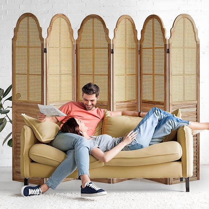 6 Panel Rattan Room Divider Panel, 5.6Ft Partitionsand Dividers, Louvered Partition Divider, Room Dividers Screen, Solid Wood Frame, Folding Screen, Bedroom, Family Room, Light Brown