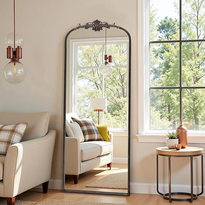 Arched Mirror Full Length: 21"x56" Black Vintage Full Body Mirror - Floor Antique Baroque Traditional Ornate for Entryway/Cloakroom/Bedroom/Living Room - Home Decor for Homemakers