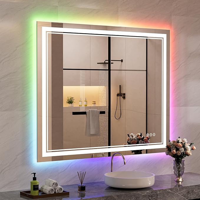 44x36 inch LED Bathroom Mirror with RGB Lights, Color Changing Backlit Mirror, Shatterproof, Dimmable Anti-Fog, Lighted Vanity Mirror (RGB Multicolor Backlit + Adjustable Front-Lighted)