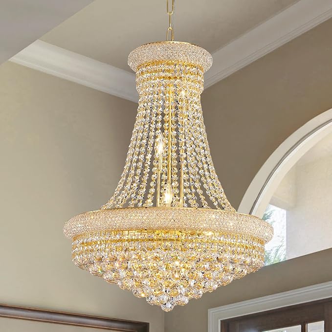 11-Light Empire Crystal Chandelier Light Fixture, Modern Crystal Chandeliers Empire Style K9 Chandeliers Gold Finish Luxury Chandelier for Living Dining Room Bedroom Stairway Foyer Hallway D24"