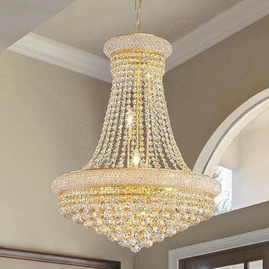 11-Light Empire Crystal Chandelier Light Fixture, Modern Crystal Chandeliers Empire Style K9 Chandeliers Gold Finish Luxury Chandelier for Living Dining Room Bedroom Stairway Foyer Hallway D24"
