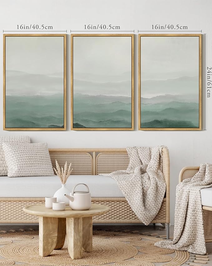 KUVIOKE Green Watercolor Mountains in Fog Framed Wall Art Wilderness Nature Landscape Artwork Painting Boho Rustic Scenic Relax Cool Home Decor 16x24in (Natural Framed)