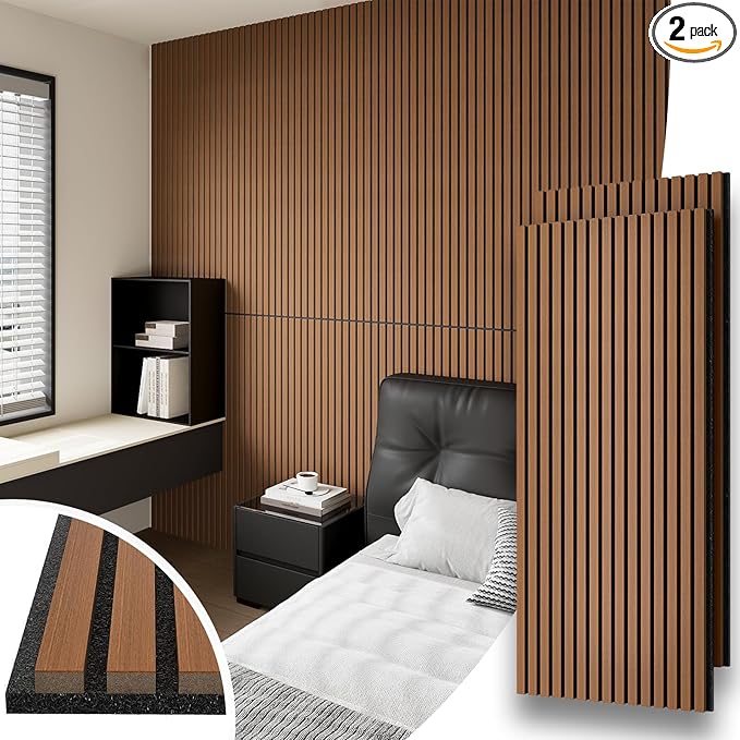 2 Panel Wood Slat Acoustic Panel 48" x24" for Sound Absorbing, Soundproof Wood Slat Panel Cover 16 Sq.Ft, 3D Fluted Sound Absorbing Paneling for Wall Decor, Living Room, Bedroom, Walnut