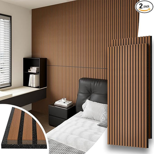 2 Panel Wood Slat Acoustic Panel 48" x24" for Sound Absorbing, Soundproof Wood Slat Panel Cover 16 Sq.Ft, 3D Fluted Sound Absorbing Paneling for Wall Decor, Living Room, Bedroom, Walnut