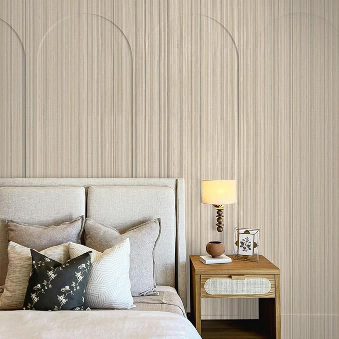 20.8" x 196.8" Grasscloth Wallpaper, Beige Textured Peel and Stick Wallpaper for Decor Bedroom Kitchen Cabinet