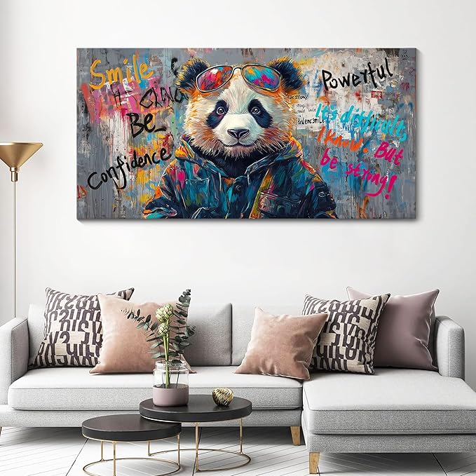 JEAWA Large Canvas Wall Art, Funny Panda Abstract Graffiti Street Art Pop Wall Picture Black and White Paintings Ready to Hang Living Room Bedroom Study Home Office Inspirational Decor 29x58 IN