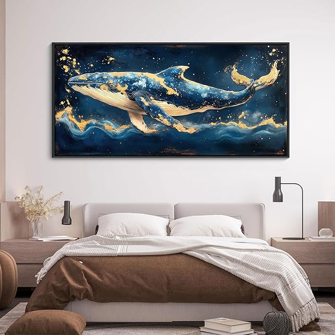 JEAWA Large Framed Canvas Painting - Marine Animal Wall Art Decor, Blue White Gold Whale Picture, Modern Art Prints for Living Room Bedroom Bathroom Home Decoration, 29x58 IN