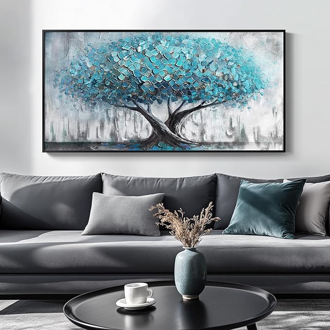 Large Framed Tree of Life Wall Art, Modern Canvas Prints Paintings Artwork for Walls, Rustic Blue Big Tree Pictures for Living Room Fireplace Bedroom Dining Room Office Wall Decor 30x60 Inch