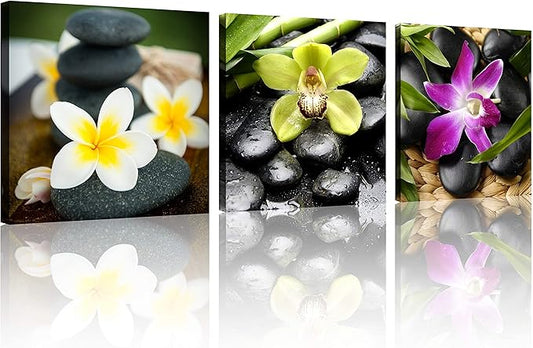TutuBeer 3 Panels Spa Decor Zen Canvas Wall Art for Home Decor Spa Stones and Plumeria Orchid Stones Zen Wall Picture for Home Decoration Stretched and Framed Ready to Hang Each Panel Size 12x12inch