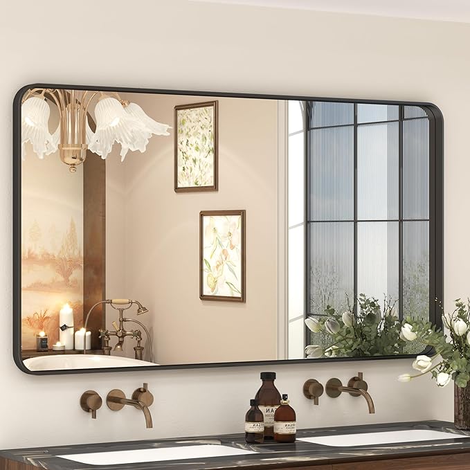 55x30 Inch Black Framed Bathroom Mirror for Wall, Large Matte Metal Framed Wall Mirror, Black Rectangle Bathroom Vanity Mirror, Anti-Rust, Shatterproof (Horizontal/Vertical)