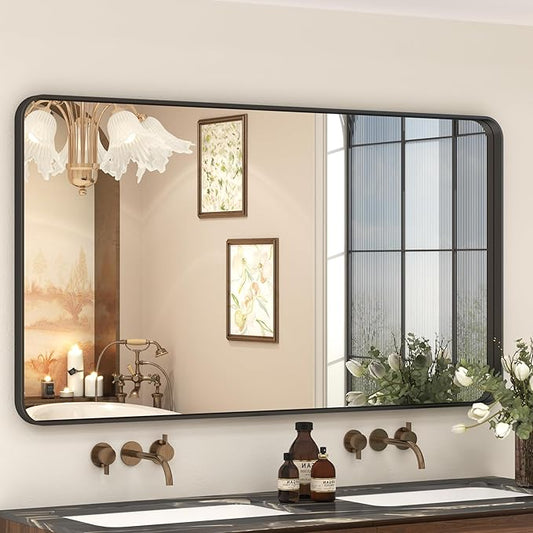 55x30 Inch Black Framed Bathroom Mirror for Wall, Large Matte Metal Framed Wall Mirror, Black Rectangle Bathroom Vanity Mirror, Anti-Rust, Shatterproof (Horizontal/Vertical)