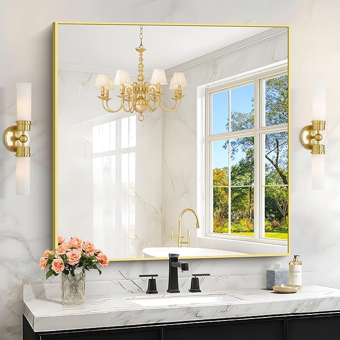 KOCUUY Large Gold Bathroom Mirror, 36x36 Inch Square Mirror for Bathroom Sink, Oversized Wall Mirror with Metal Gold Frame for Living Room, Farmhouse, Entryway, Hang Horizontal/Vertical
