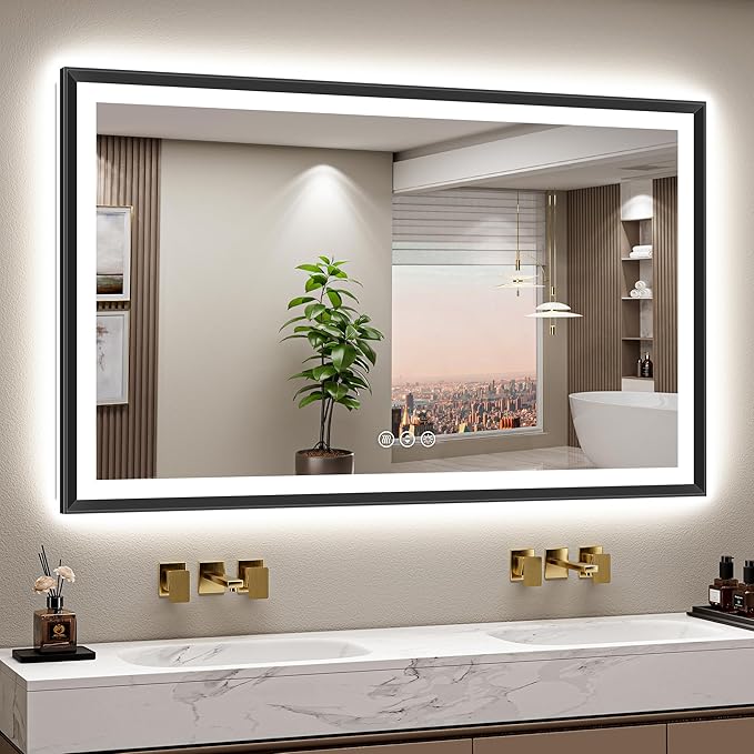 60x38 Black Framed Led Bathroom Mirror with Lights, Front Lit and Backlit, Lighted Vanity Mirror for Bathroom Wall, Anti-Fog, Dimmable, 3 Colors, Memory, HD Tempered Glass
