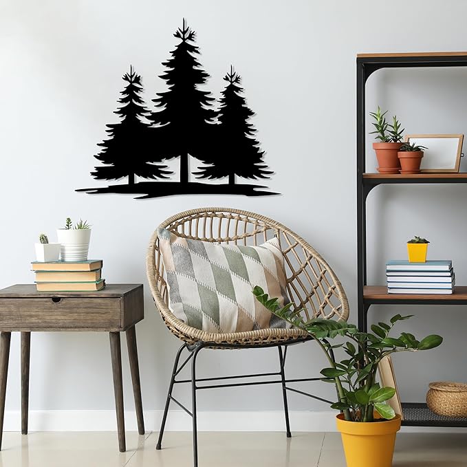 Metal Pine Tree Wall Art Decor, Pine Tree Family Nature Home Decor, Forest Decorations, Farmhouse Cabin Wall Hanging, Wall Art for Home, Living Room, Bedroom, Office, Outdoor, Nature Lovers Gift