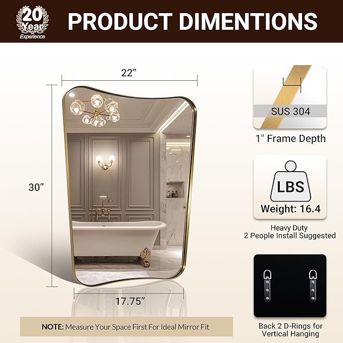 ANDY STAR Gold Vanity Mirror, 22x30 Inch Brushed Gold Bathroom Mirror, Antique Brass Asymmetrical Mirror in Rust-Proof Stainless Steel Metal Frame, Unique Butterfly Shape, Ideal for Home Remodel