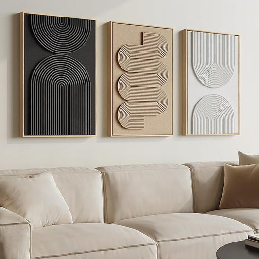 3D Textured Framed Boho Neutral Abstract Wall Art, 3 Piece Modern Artwork for Walls, Black White Brown Minimalist Geometric Paintings for Living Room, Dining Room, Bedroom Wall Decor 16x24 In