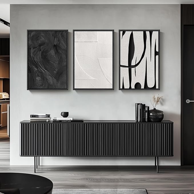 Large Framed Black and White Abstract Wall Art for Living Room, 3 Piece Canvas Prints Paintings Artwork for Walls, Modern Minimalist Pictures for Hallway Stair Office Wall Decor -Total Size 30x60 Inch