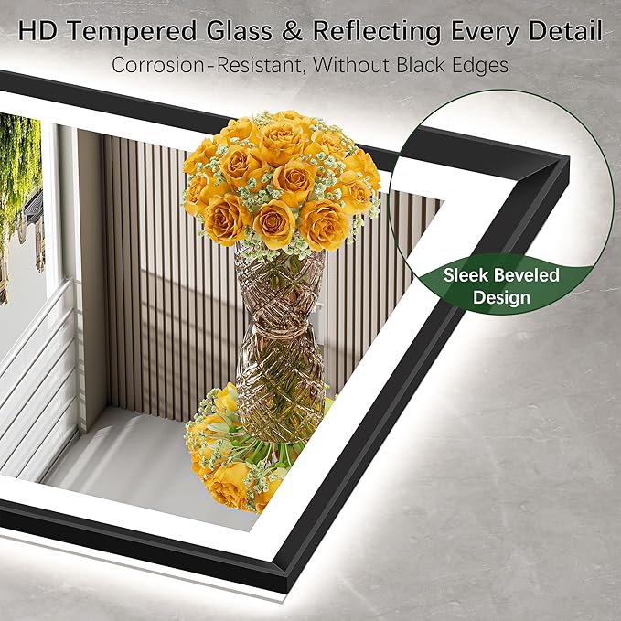 60x40 Black Framed Led Bathroom Mirror with Lights, Front Lit and Backlit, Lighted Vanity Mirror for Bathroom Wall, Anti-Fog, Dimmable, 3 Colors, Memory, HD Tempered Glass